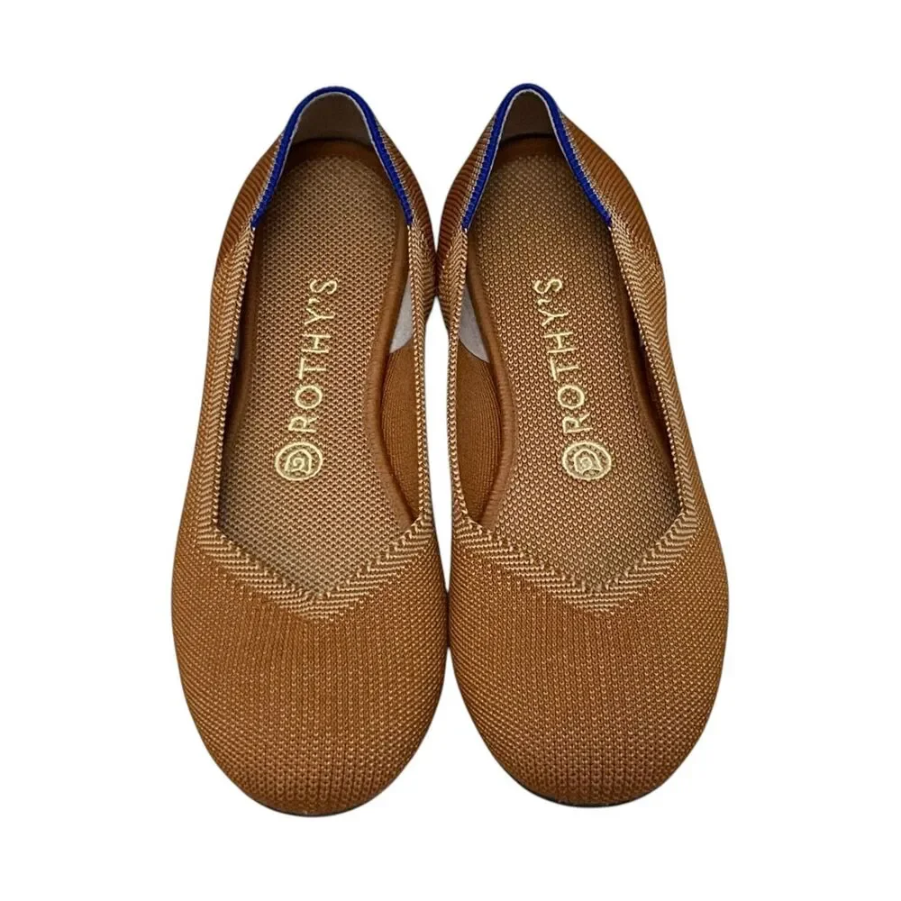 Classic Women's Tan Knit Ballet Flats with Blue Trim